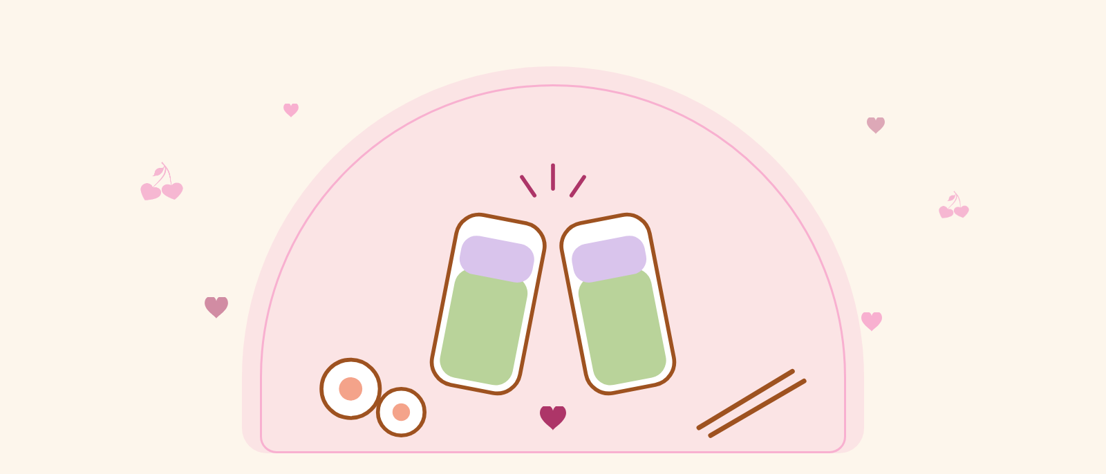 Zwei Matcha-Gläser stoßen unter einem rosa Torbogen an, daneben Maki und Stäbchen